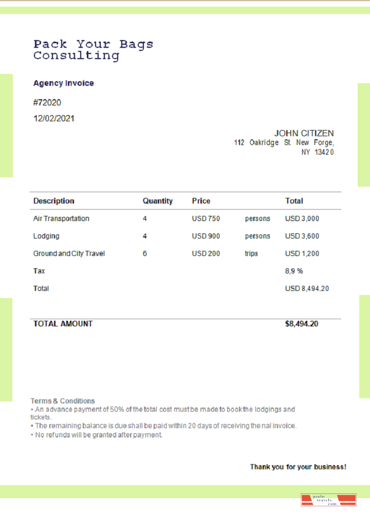 USA Pack Your Bags Consulting invoice PSD template